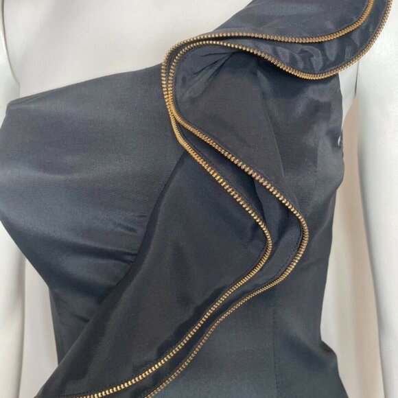 CACHE One Shoulder Zipper Detail‎ Ruffle Black Satin Mini Dress - Picture 3 of 10
